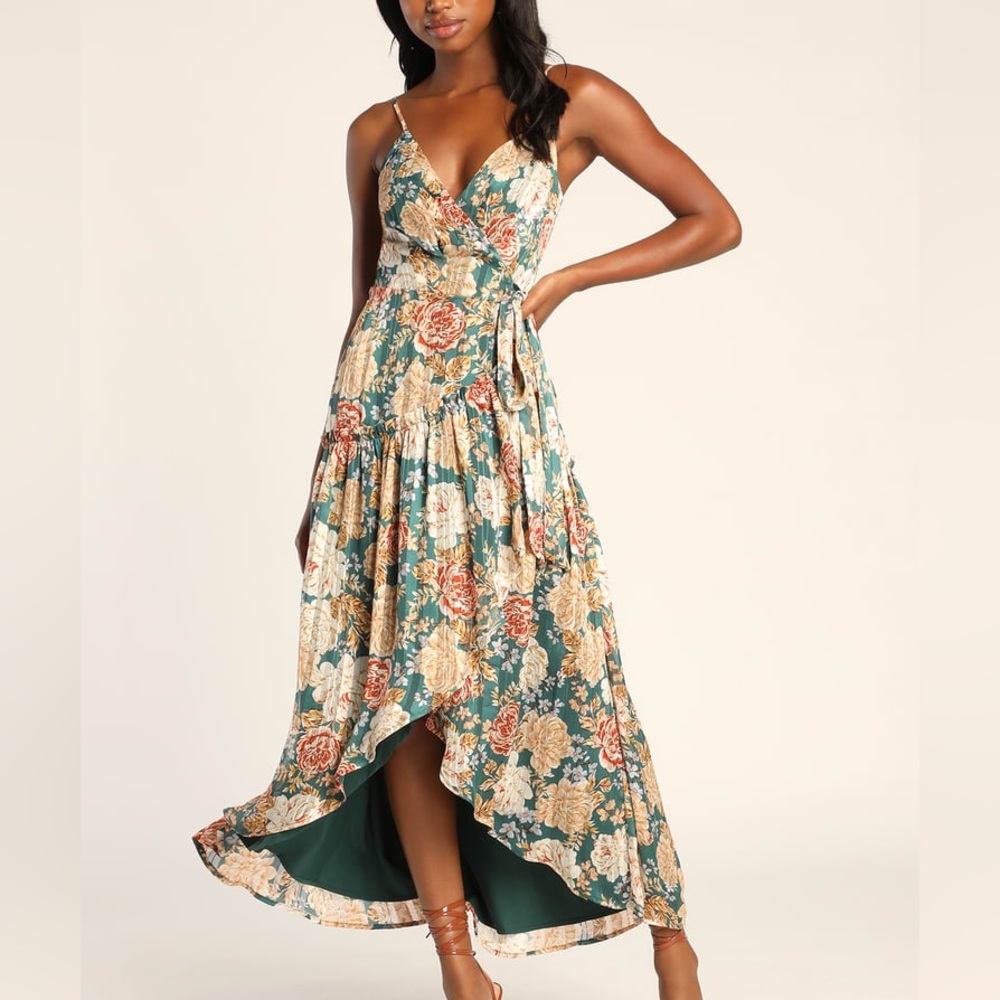 NWT ~ Lulu's Floral Wrap Midi Dress - Green and Cream